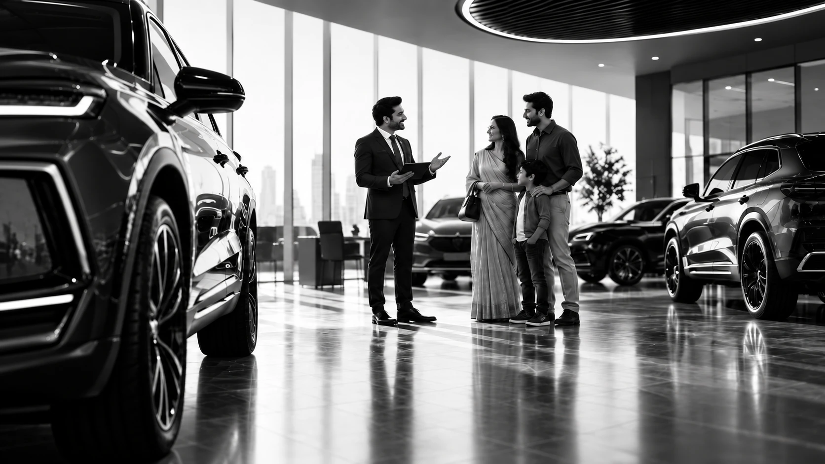 A salesperson talking with a family beside SUVs in a car showroom